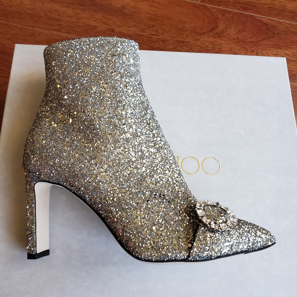 Jimmy Choo Hanover 65 Silver Glitter Booties Gem